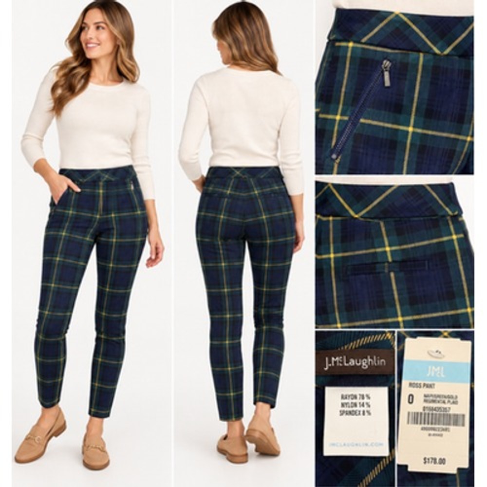 J McLaughlin Ross Pants Womens 0 Navy Green Gold Regimental Plaid NWT $178